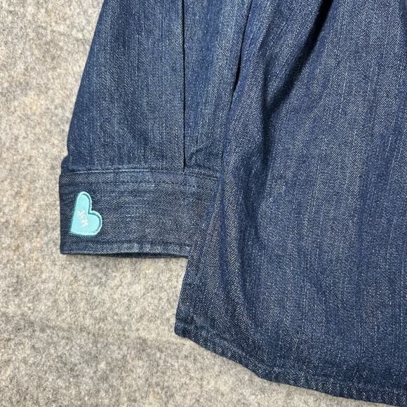 Vintage Quacker Factory Top Medium Denim Embroidered Hearts Valentines Flaws - Picture 10 of 11
